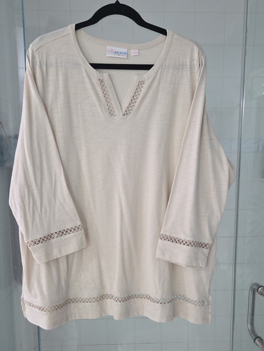 Cream Crochet-Trim Long Sleeve Women's Top